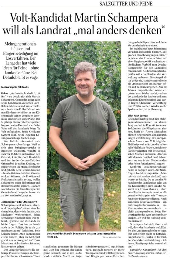 Zeitungsartikel vom 31. August 2026: Porträt über Martin Schampera als Landratskandidat für den Kreis Peine