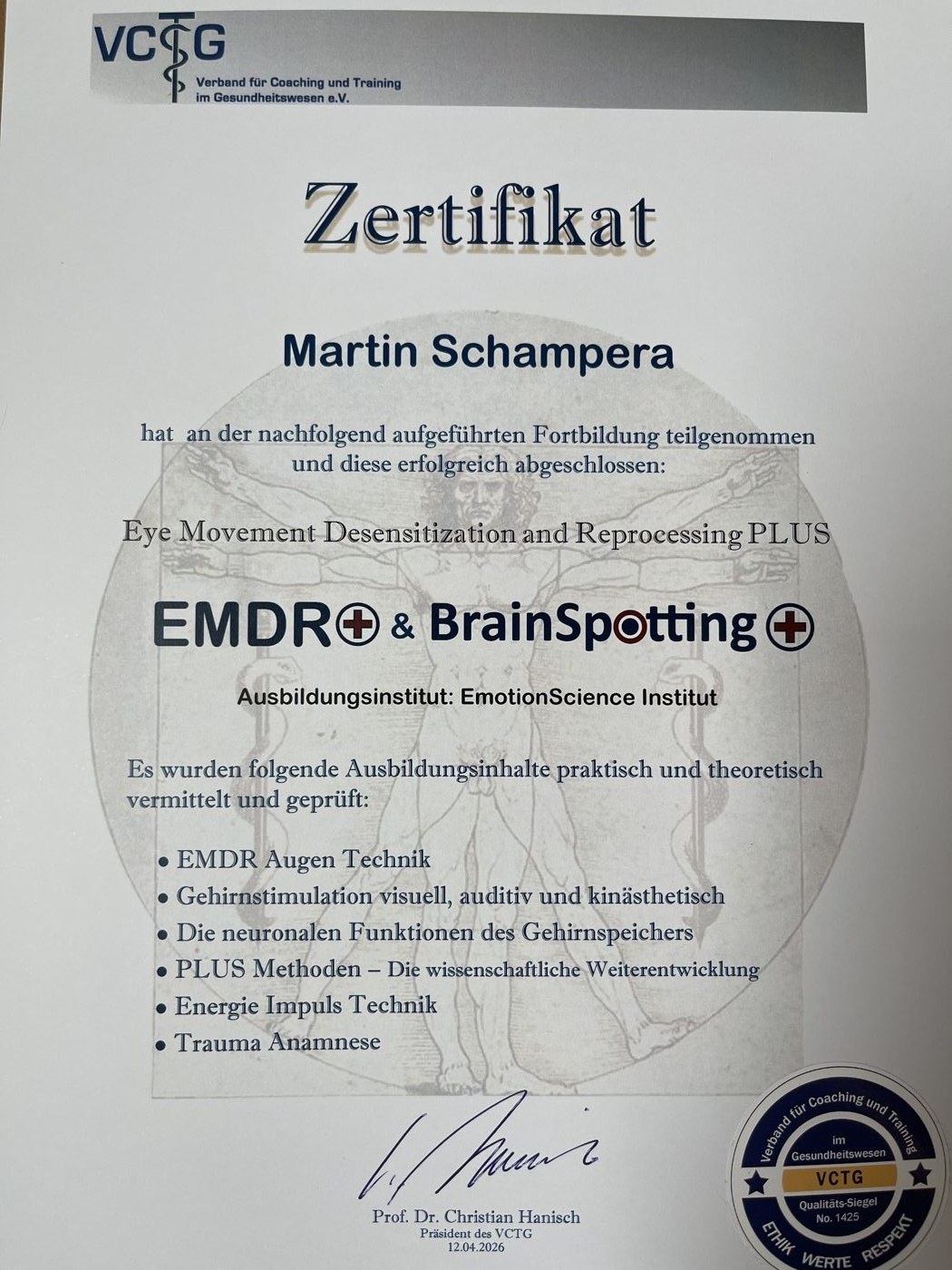 Zertifikat: EMDR und BrainSpotting PLUS (EmotionScience Institut)