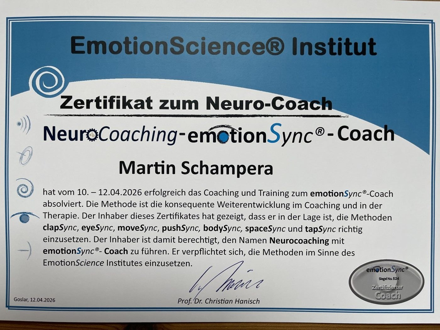 Zertifikat: NeuroCoaching-emotionSync-Coach (EmotionScience Institut)